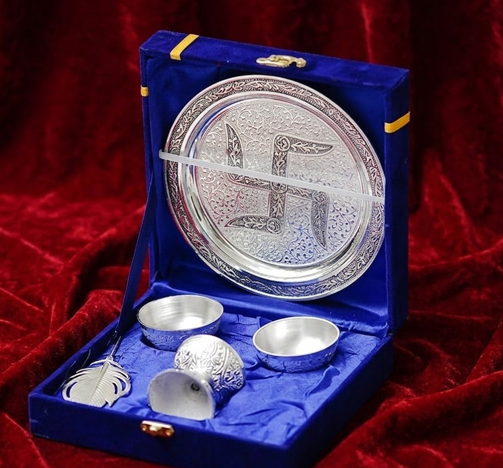 Silver Pooja Thali Set with Velvet Box | Premium German Silver Pooja Set for Gifting & Rituals