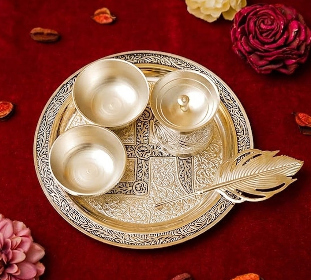 Silver Pooja Thali Set with Velvet Box | Premium German Silver Pooja Set for Gifting & Rituals