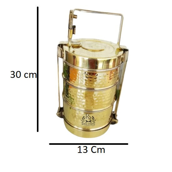 Hammered Design Brass Tier with Tin Lining Three Compartments Office Tiffin Lunch Box, Volum 2400 ML, Height 11 Inch,Gold