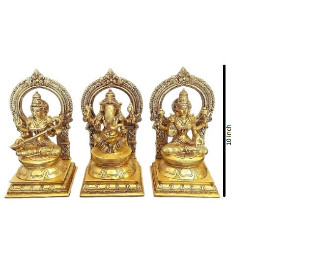 10" Brass Statues of Goddess Lakshmi, Ganesha and Saraswati,Weight:13.5 Kg