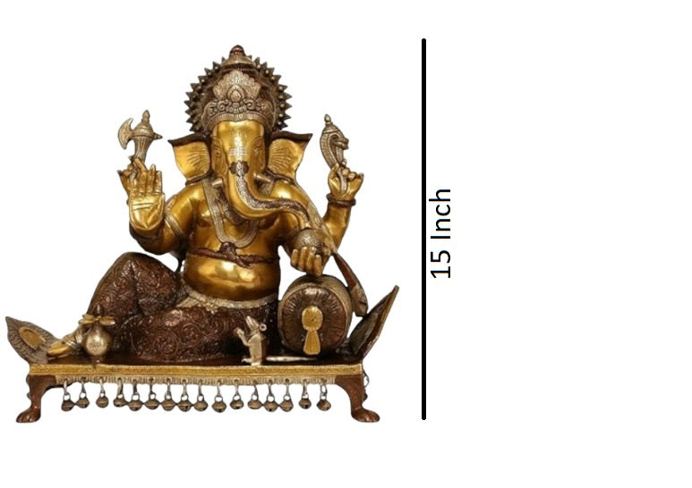 Royal India Brass Lord Ganesha Sitting on Chowki, Height: 15",Weight:14.5 Kg.