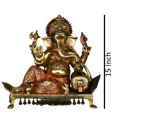 Lord Ganesha Seated on Chowki Figurine Exotic India Finish Height:15",Weiht:14.5 Kg.