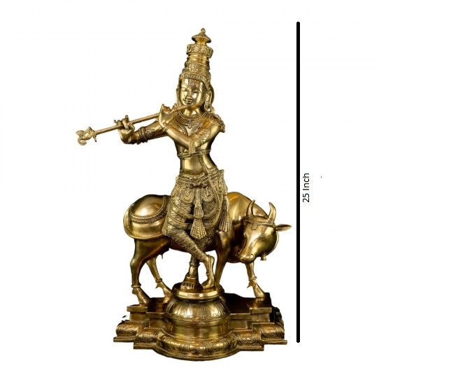 Brass Krishna with His Cow, Golden Color,Height:25 Inch,Weight:23.5 Kg.