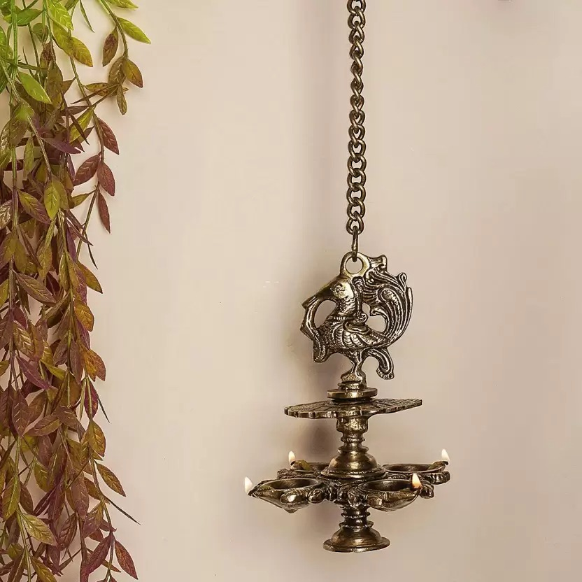 Hanging Bird Diya made in Brass with 4 Deepak- Antique Finish 