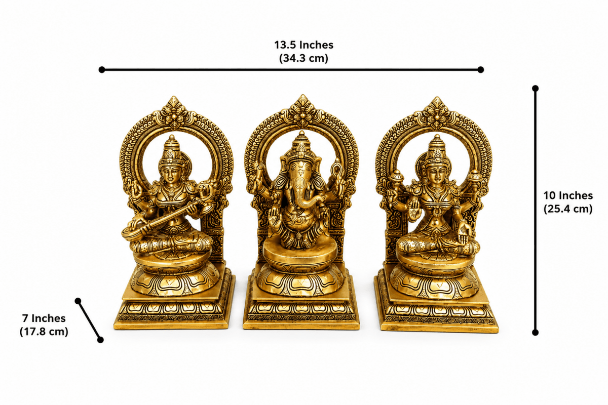 10" Brass Statues of Goddess Lakshmi, Ganesha and Saraswati,Weight:13.5 Kg - Royalstuffs.com