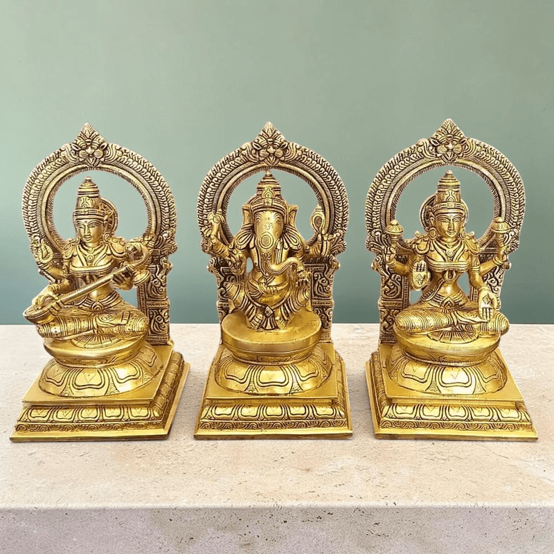 10" Brass Statues of Goddess Lakshmi, Ganesha and Saraswati,Weight:13.5 Kg - Royalstuffs.com