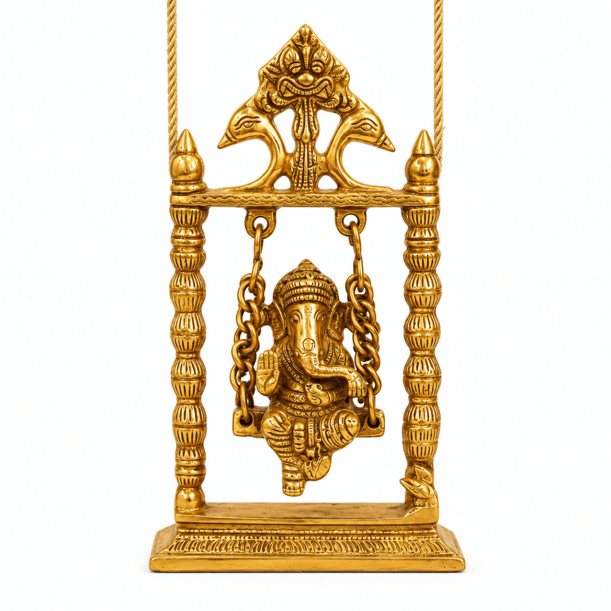10-Inch Brass Lord Ganesha Idol on a Swing - Handmade Antique Finish - Royalstuffs.com