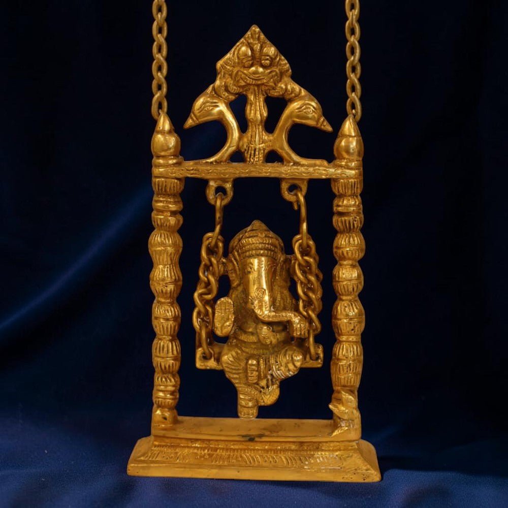 10-Inch Brass Lord Ganesha Idol on a Swing - Handmade Antique Finish - Royalstuffs.com