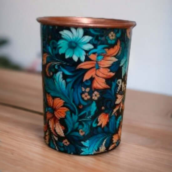 2 Printed Copper Meena Bottle (1000ml) with 2 Meena Glass 300 ml Each