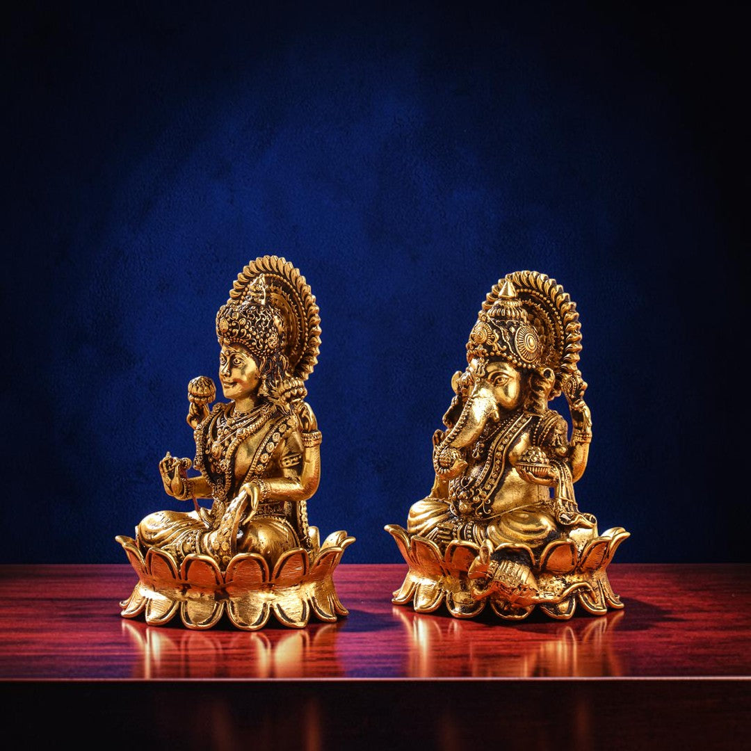Handcrafted Brass Lotus Ganesha & Lakshmi Idols (4 Inch) | RoyalStuffs