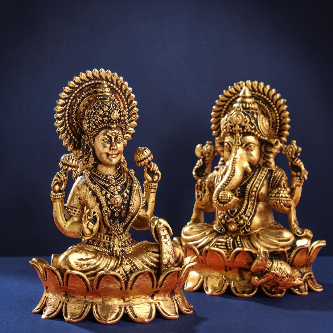 Handcrafted Brass Lotus Ganesha & Lakshmi Idols (4 Inch) | RoyalStuffs