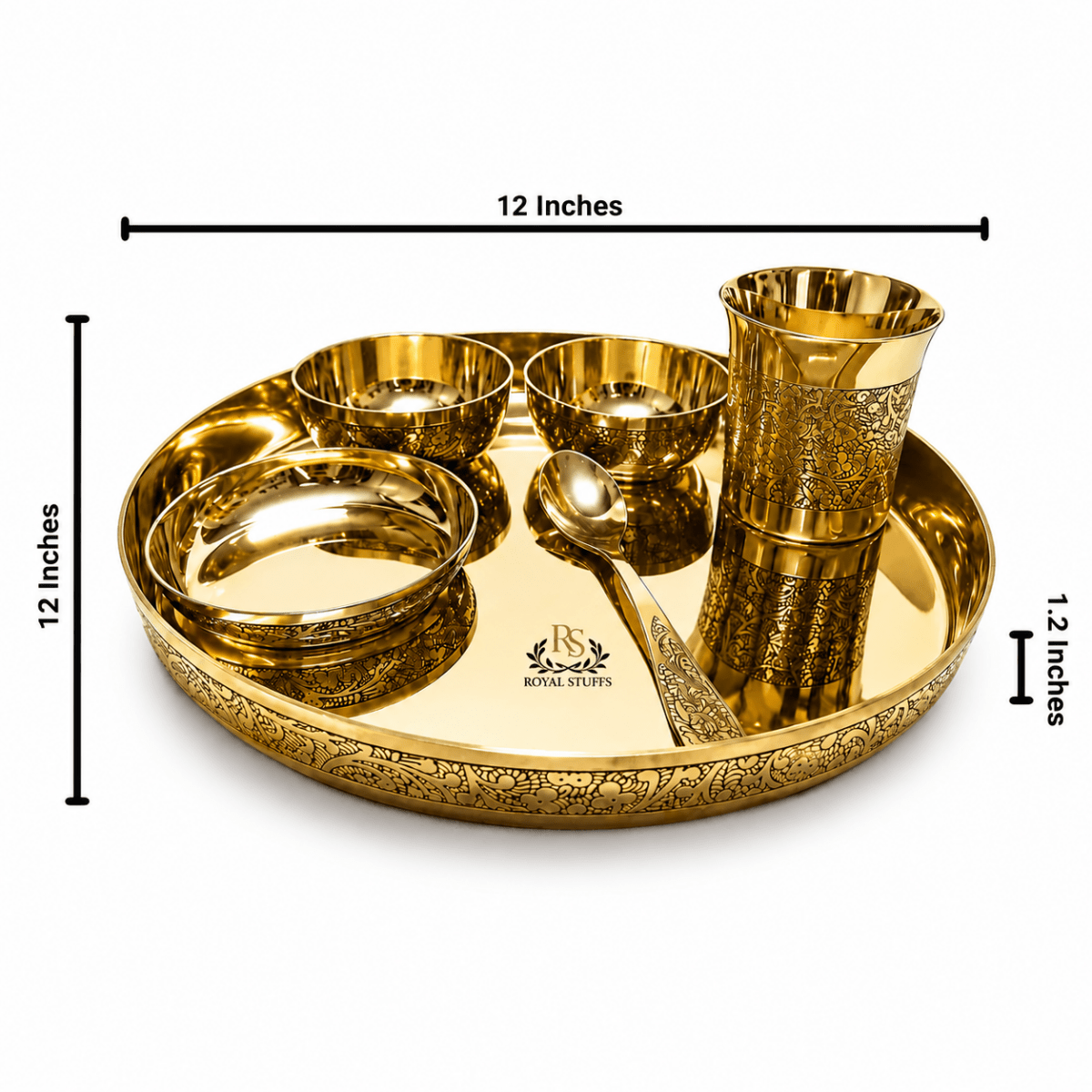 12 Inch Pure Kansa Dinner Set – 6 Piece | Embossed Shine Finish - Royalstuffs.com