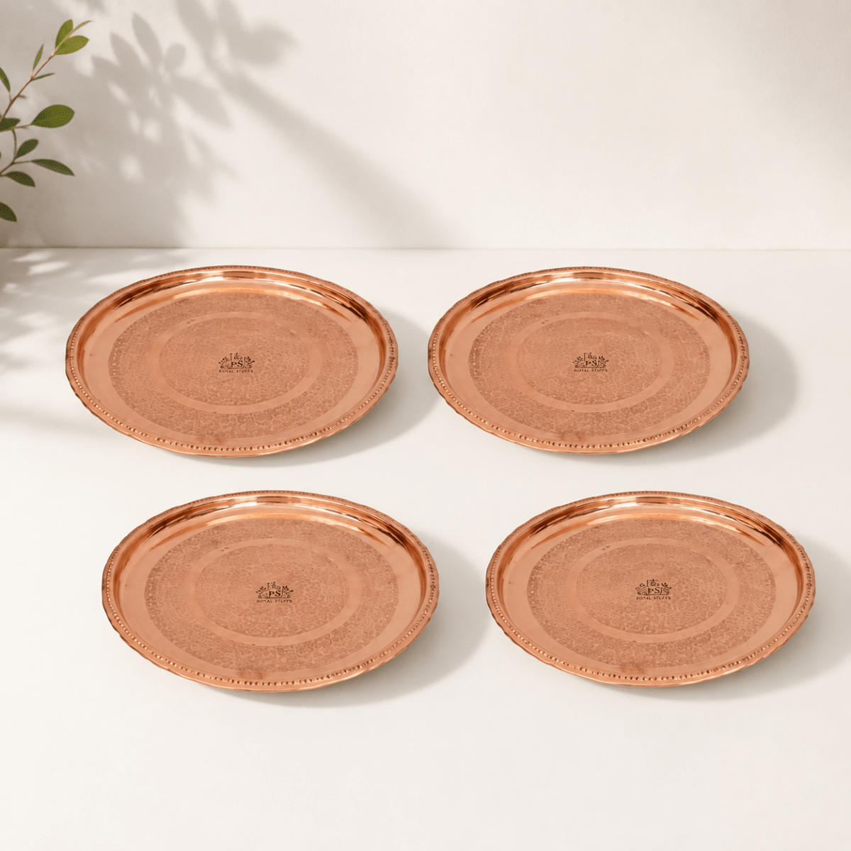 12 Inches Pure Copper Thali Plate with Floral Design, Home Hotel Restaurant, Dinnerware and Serveware - Set of 4 - Royalstuffs.com