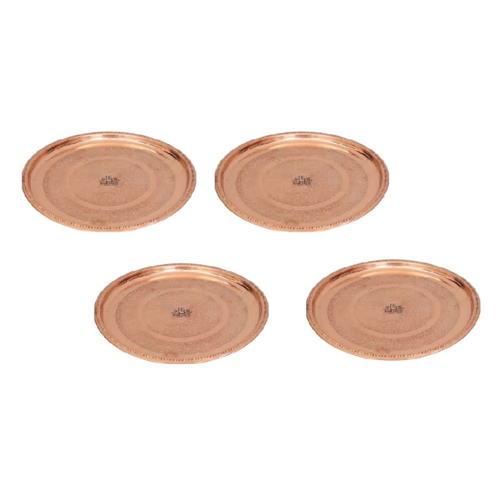 12 Inches Pure Copper Thali Plate with Floral Design, Home Hotel Restaurant, Dinnerware and Serveware - Set of 4 - Royalstuffs.com