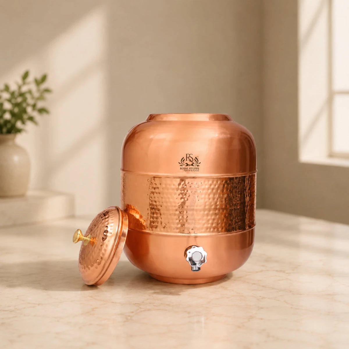 12L Copper Water Dispenser with Hammered Design for Storage & Serving - Royal Copper Drinkware Tank - Royalstuffs.com
