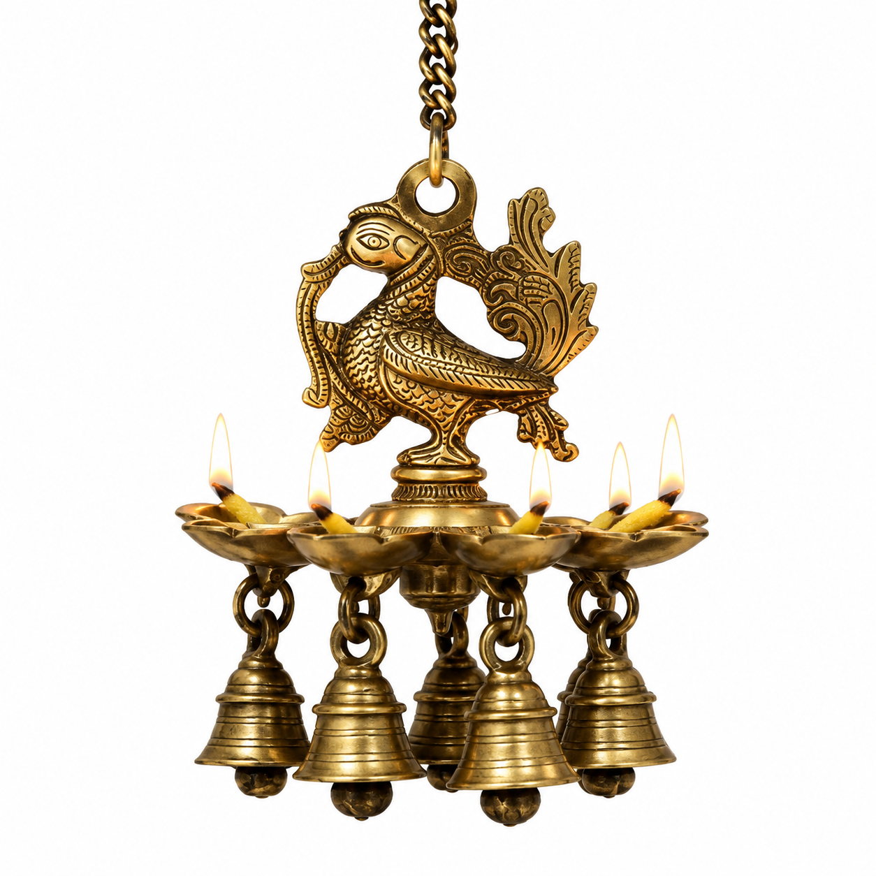 Hanging Bird Diya made in Brass with 4 Deepak- Antique Finish
