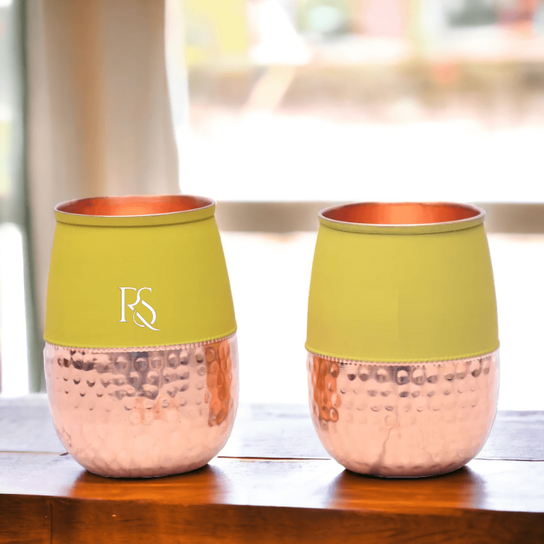 Set of 2 Silk Yellow Half Hammered Dholak Tumbler Pure Copper Water Glass Capacity 250ML