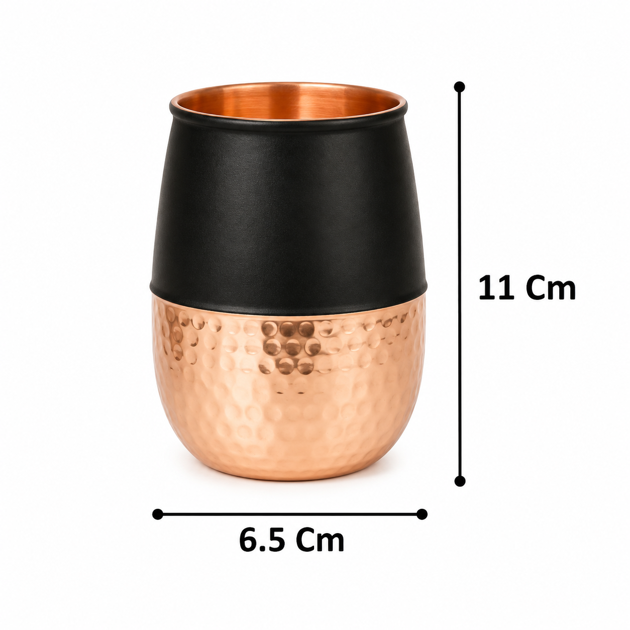 Set of 2 Silk Black Half Hammered Dholak Tumbler Pure Copper Water Glass Capacity 250ML