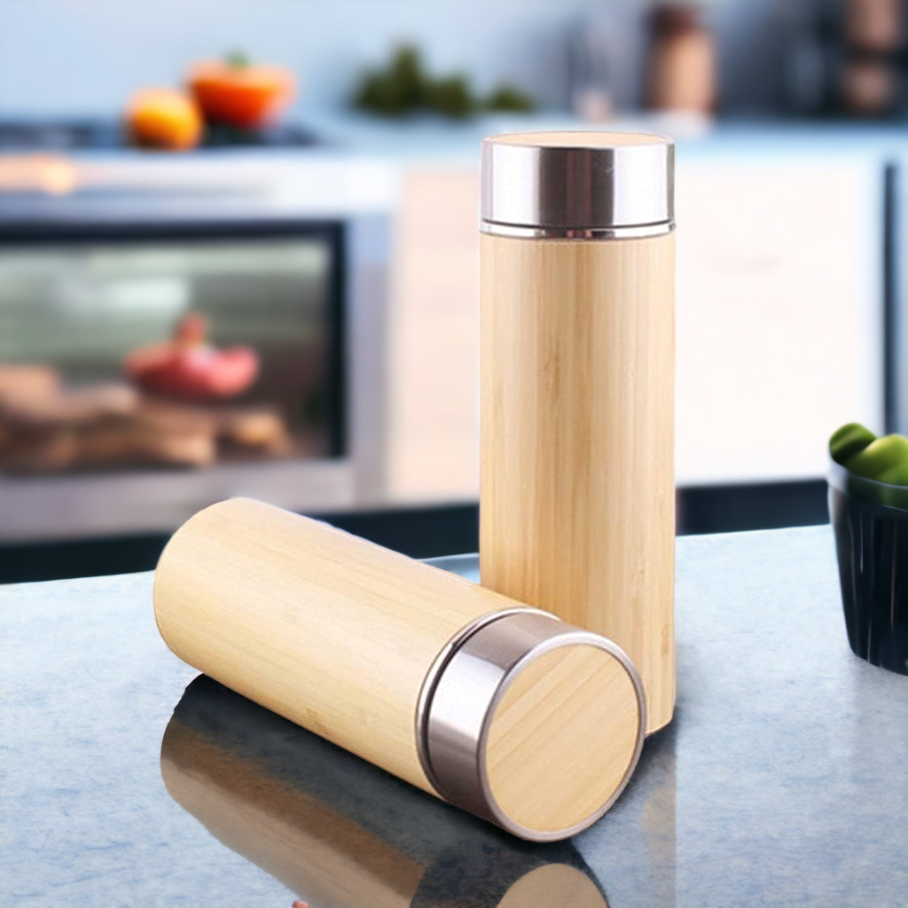 Bamboo Stainless Steel Insulated Flask Water Bottle with Detachable Tea Filter 450ml BPA and Phalate Free - Set of 2