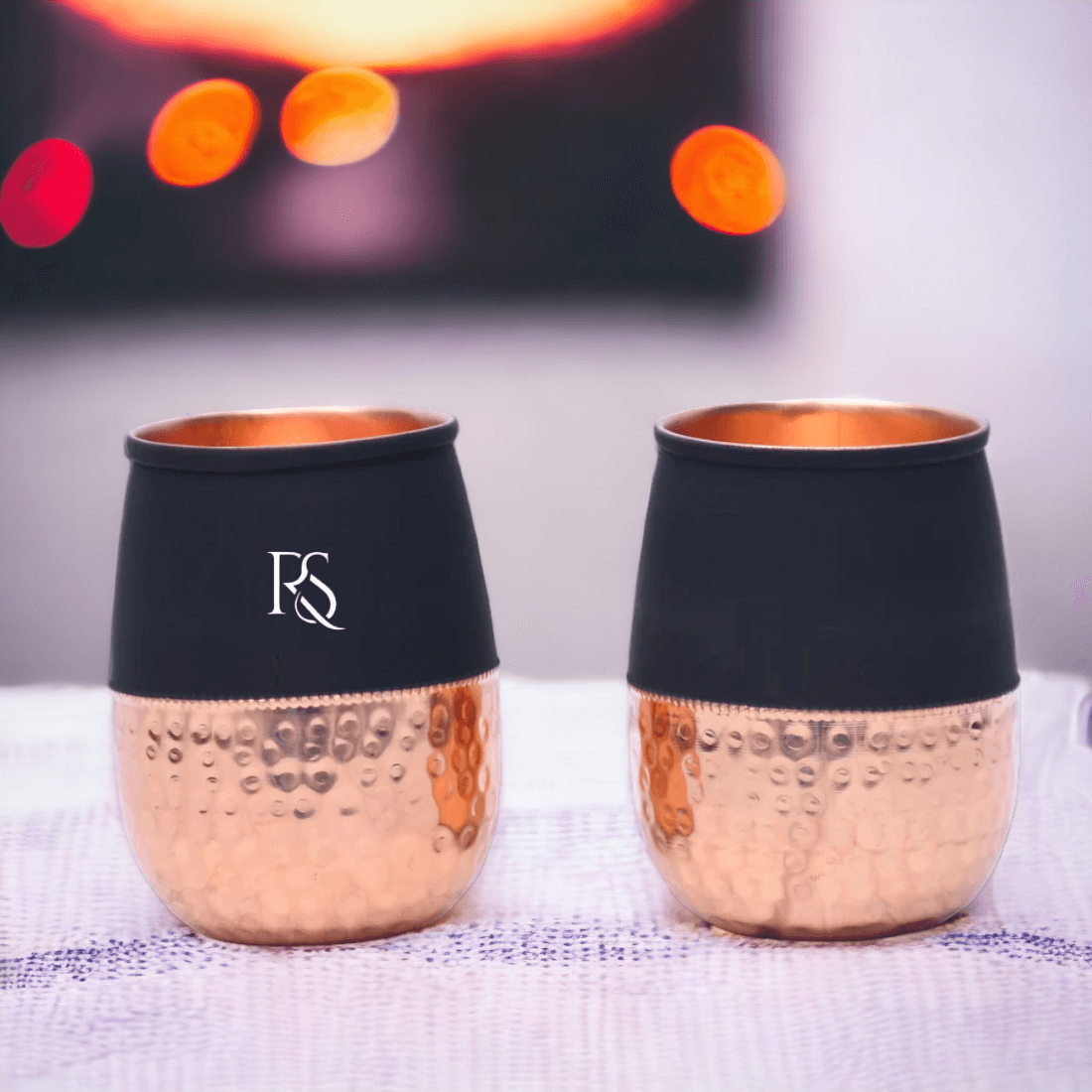 Set of 2 Silk Black Half Hammered Dholak Tumbler Pure Copper Water Glass Capacity 250ML