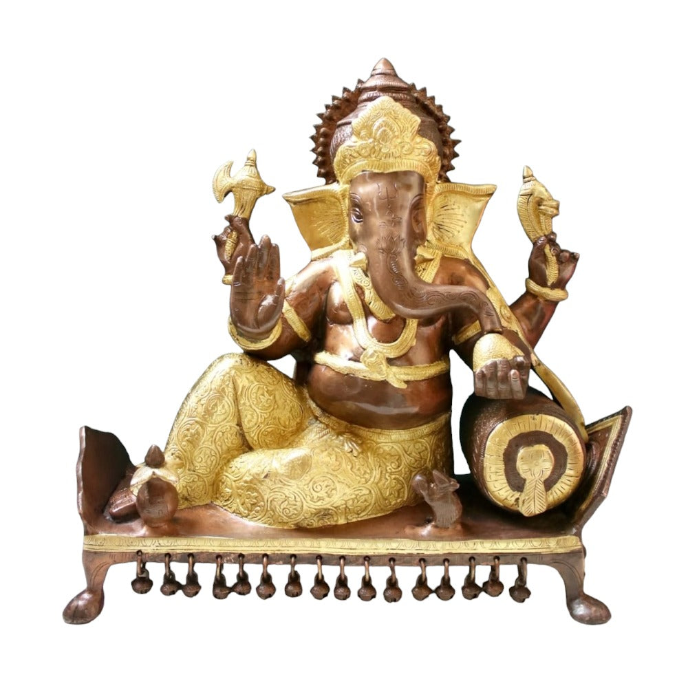 India Brass Lord Ganesha Sitting On Chowki, Height: 15" Weight:14.5 Kg