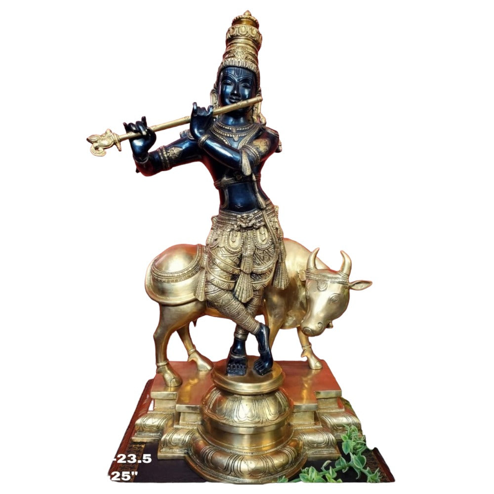 Cow Krishna Statue 25 Inch, Large Brass Krishna Idol / Standing Krishna Idol / God of love / Hare Krishna Idol / Narayana Idol / Lord Vishnu,Weight:23.5 Kg