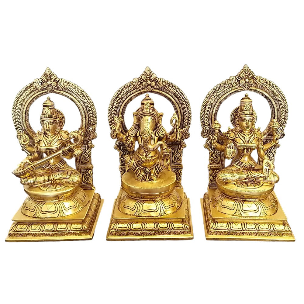 10" Brass Statues of Goddess Lakshmi, Ganesha and Saraswati,Weight:13.5 Kg