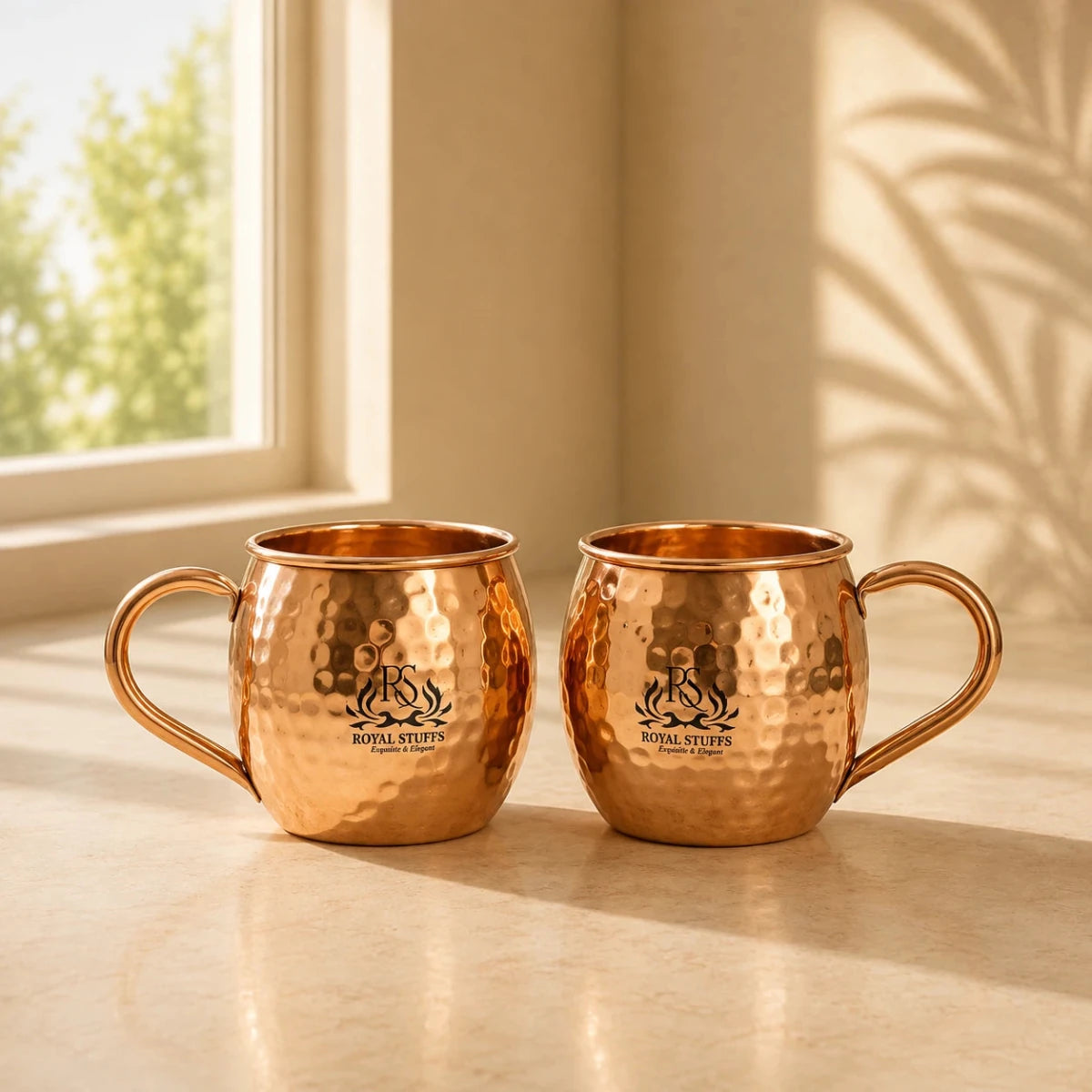 2 Handcrafted Solid Copper Moscow Mule Mugs Set, 350g Weight, Unlined Cups - Royalstuffs.com