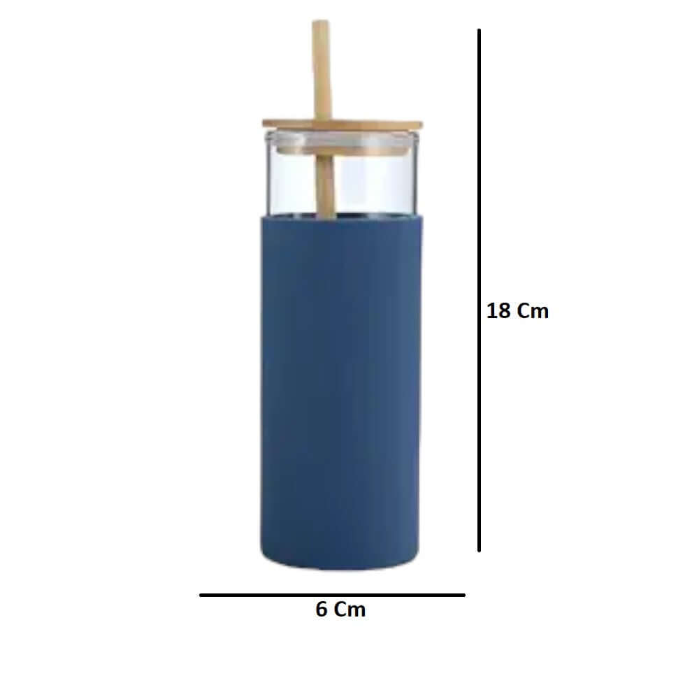 Set of 2, Tumbler for Coffee with lid 480 ml Glass Sipper with Silicon Straw & Bamboo Lid