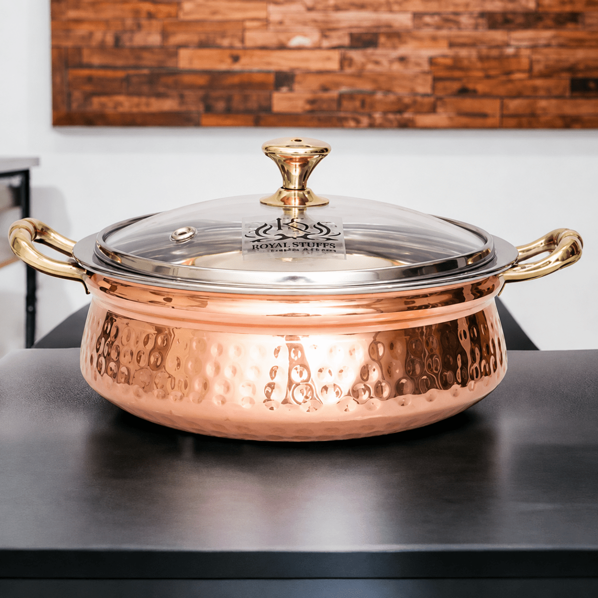 2200 ML Copper Hammered Handi/Bowl/Casserole Set with Glass Lid - Royalstuffs.com