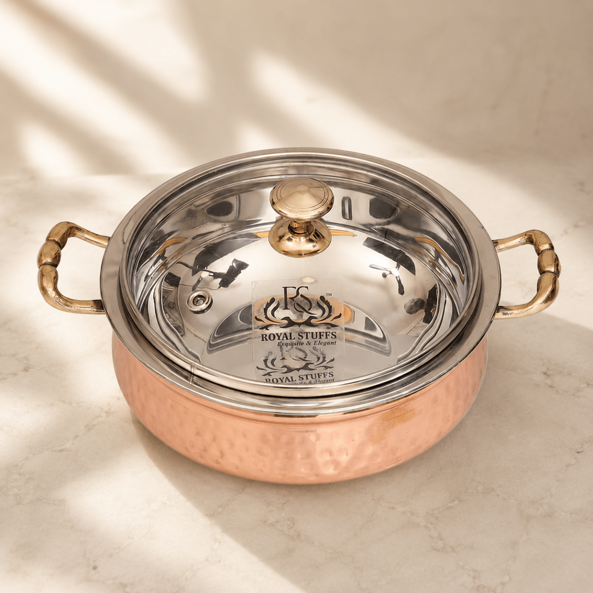 2200 ML Copper Hammered Handi/Bowl/Casserole Set with Glass Lid - Royalstuffs.com