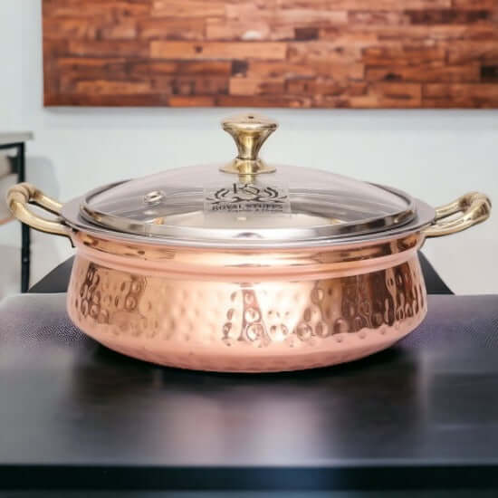 2200 ML Steel Copper Hammered Design Handi/Bowl/Casserole with Toughened Glass Lid - Royalstuffs.com