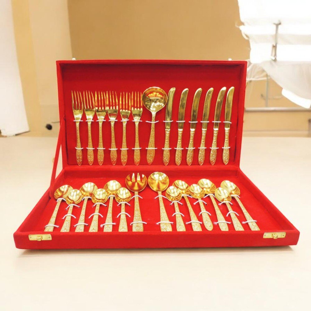 27-Piece Brass Cutlery Set in Premium Red Velvet Box – Royal Dining & Gifting Collection | RoyalStuffs - Royalstuffs.com