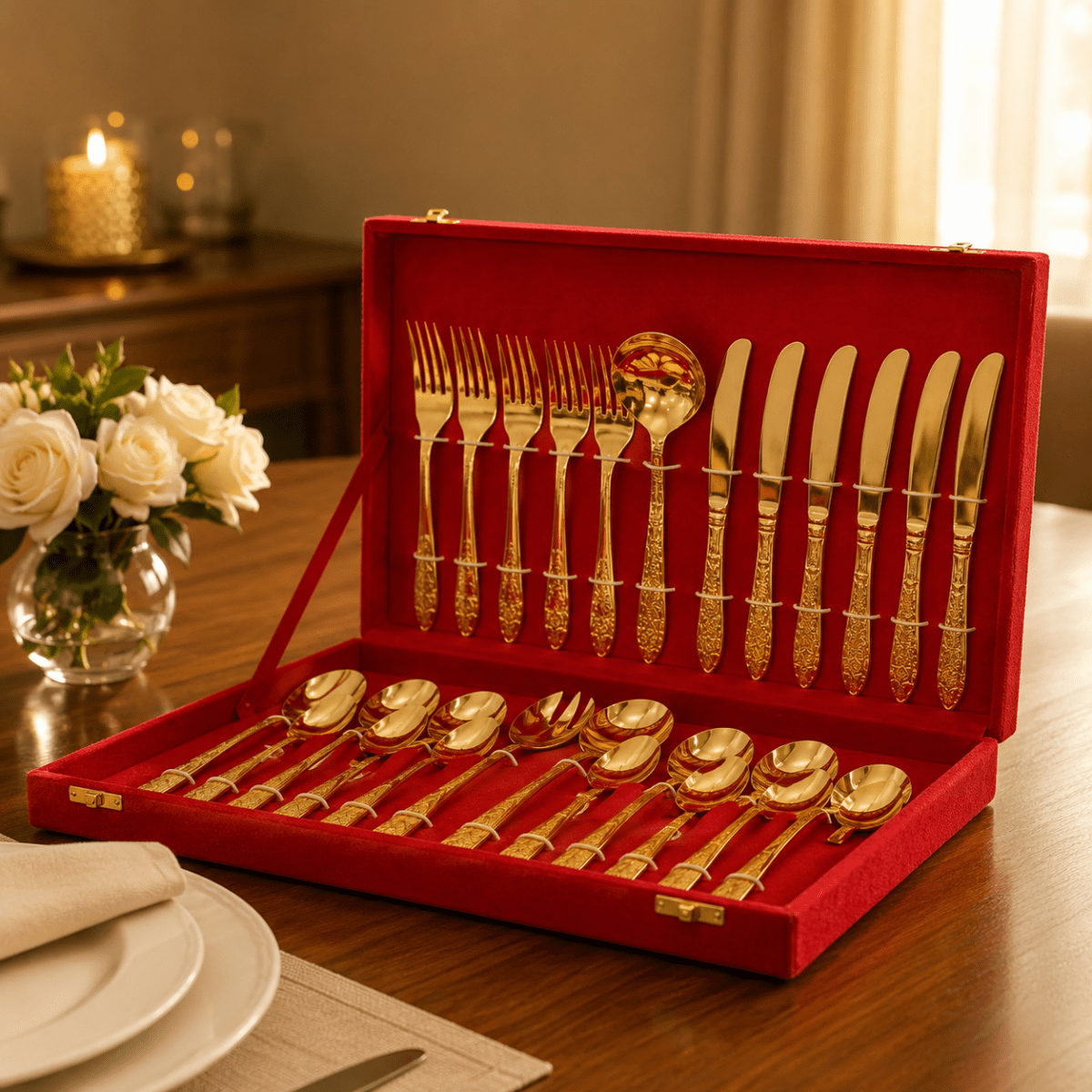 27-Piece Brass Cutlery Set in Premium Red Velvet Box – Royal Dining & Gifting Collection | RoyalStuffs - Royalstuffs.com