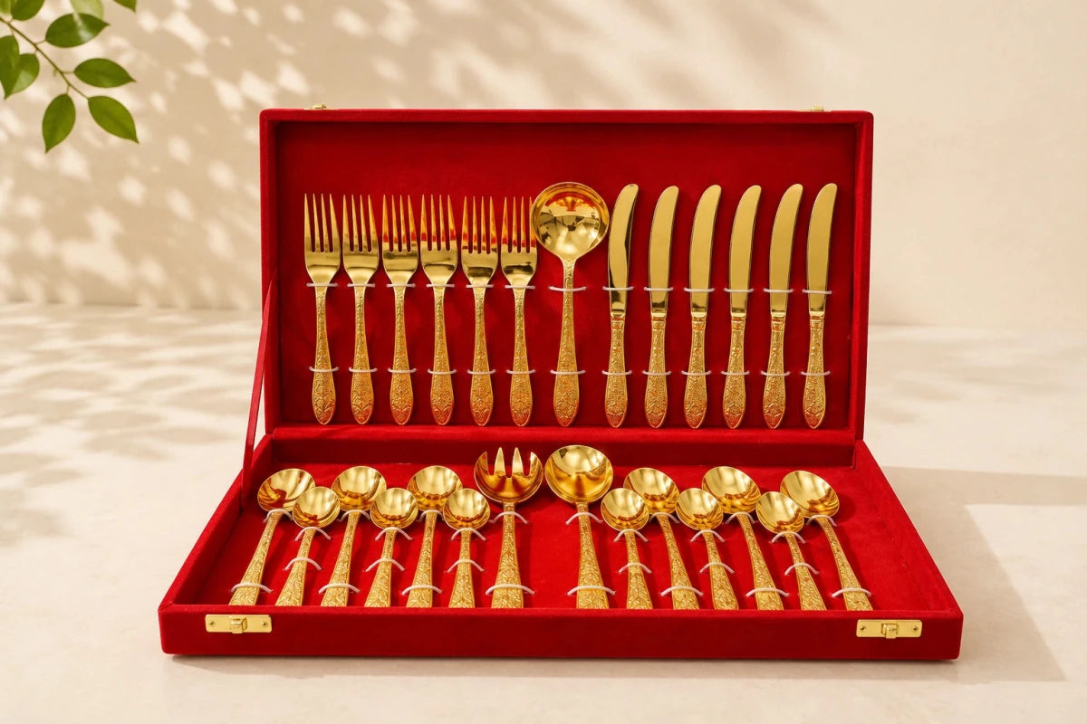27-Piece Brass Cutlery Set in Premium Red Velvet Box – Royal Dining & Gifting Collection | RoyalStuffs - Royalstuffs.com