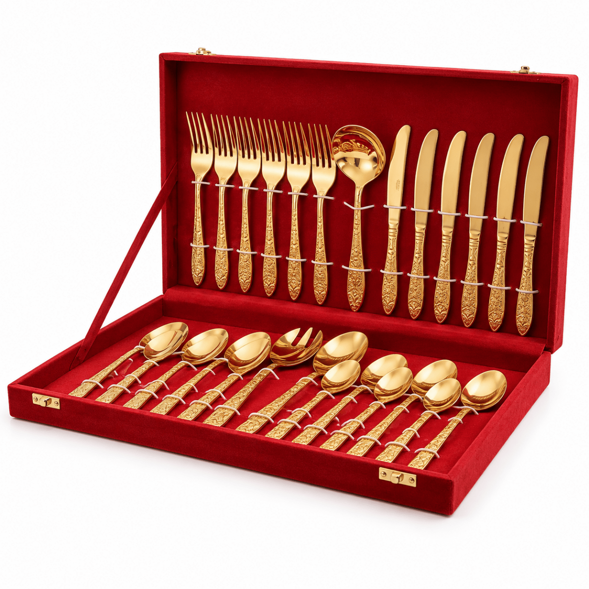 27-Piece Brass Cutlery Set in Premium Red Velvet Box – Royal Dining & Gifting Collection | RoyalStuffs - Royalstuffs.com
