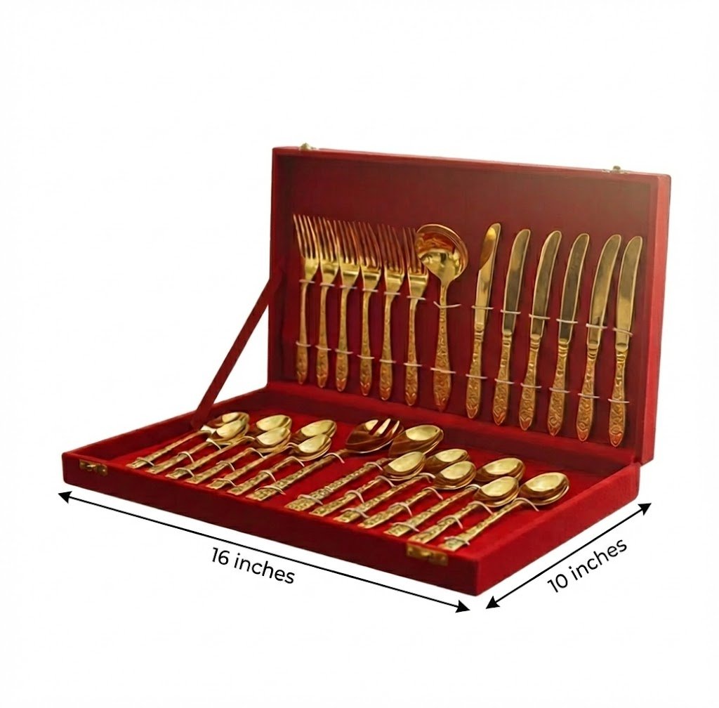 27-Piece Brass Cutlery Set in Premium Red Velvet Box – Royal Dining & Gifting Collection | RoyalStuffs - Royalstuffs.com
