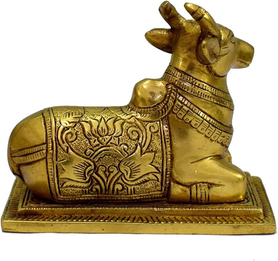 100% Pure Brass Sitting Nandi Cow Statue for Religious Home Puja Décor Showpiece Gift Nandi Cow and Calf Brass Statue/Idol/Showpiece/Decorative Diwali Gift Kamdhenu,Weight:1000 Gram,Length:4.5 Inch