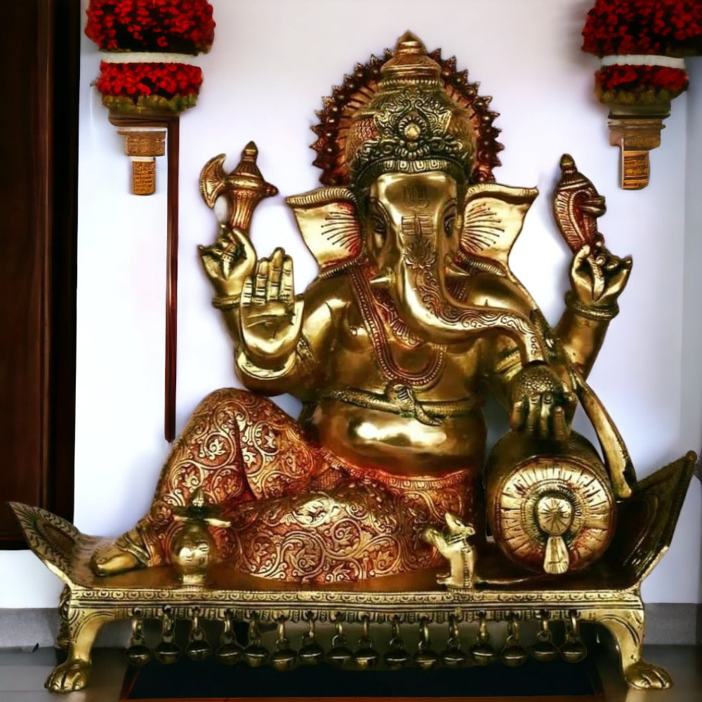 Lord Ganesha Seated on Chowki Figurine Exotic India Finish Height:15",Weiht:14.5 Kg.