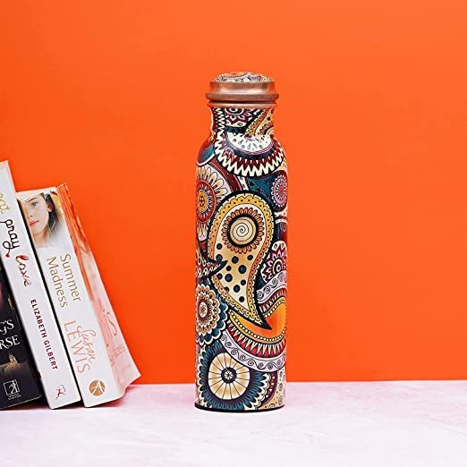 Copper Water Bottle - Colorful Paisley Joint Less Leak Proof Ayurveda Health Benefit Vessel for Sports and Yoga - 1000 ML