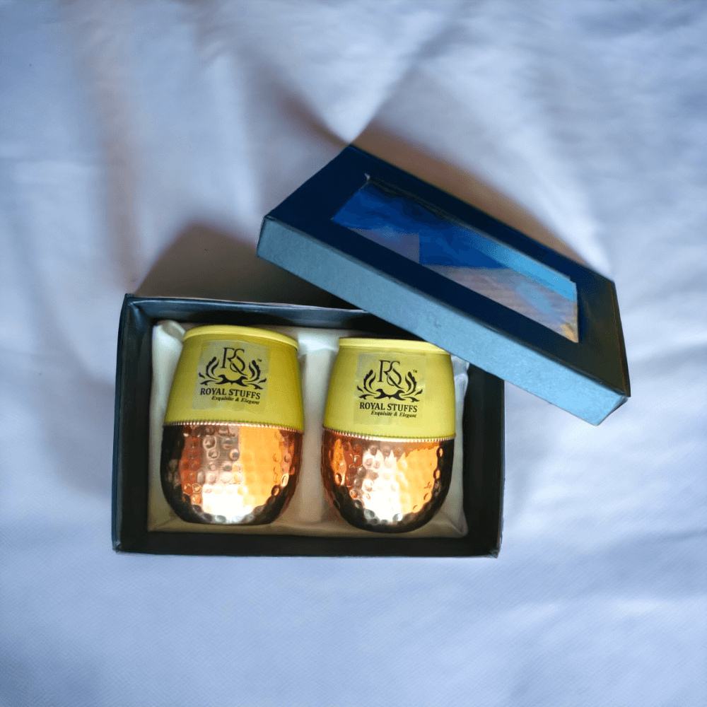 Set of 2 Silk Yellow Half Hammered Dholak Tumbler Pure Copper Water Glass Capacity 250ML