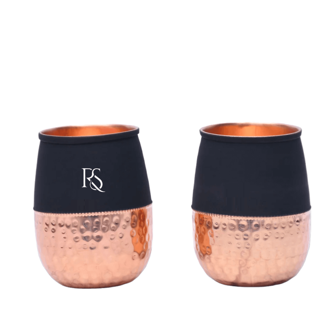 Set of 2 Silk Black Half Hammered Dholak Tumbler Pure Copper Water Glass Capacity 250ML