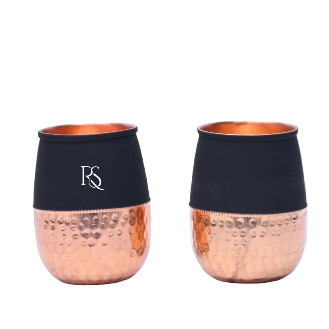  Set of 2 Silk Black Half Hammered Dholak Tumbler Pure Copper Water Glass Capacity 250ML