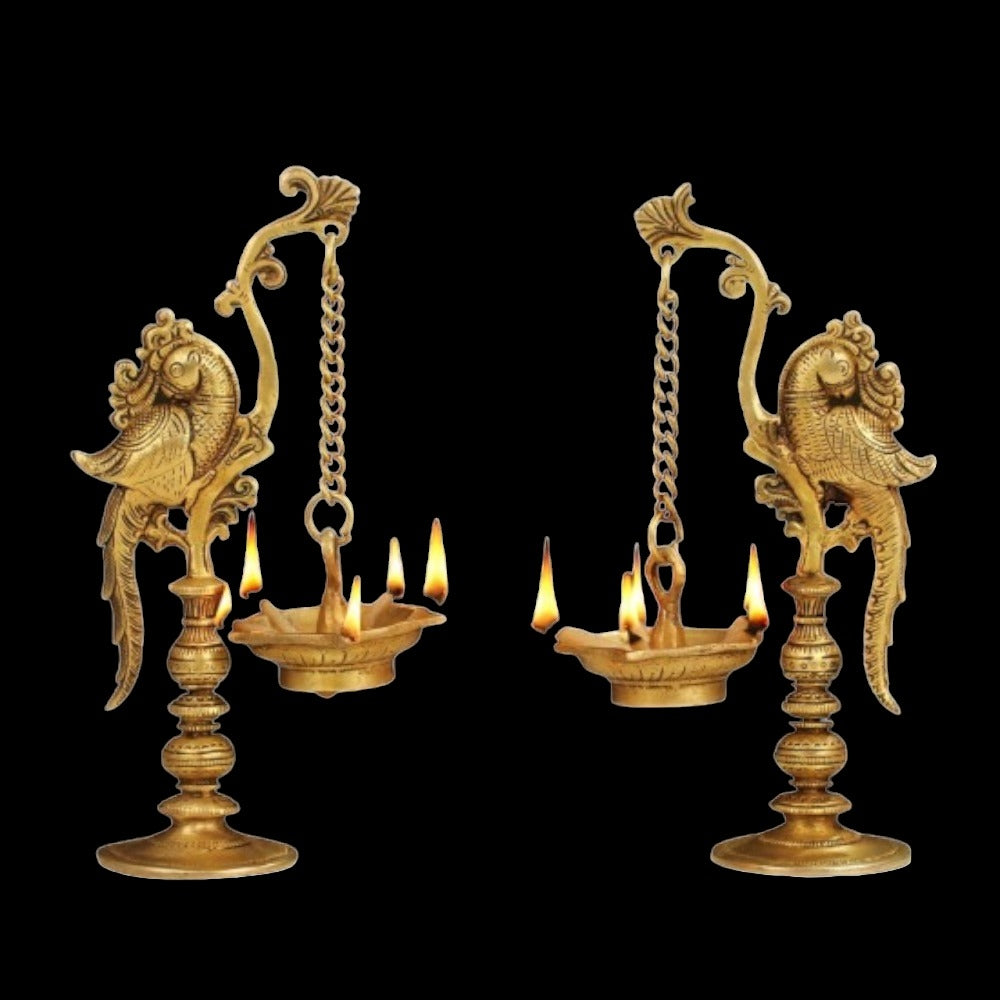 Brass 20 CM Annam Bird Diya/ Barss Deepam/ Oil Lamp for Temple Decor, Indian Traditional Brass Decorative Diyas for Home Decor Gold Finish (Set of 2)