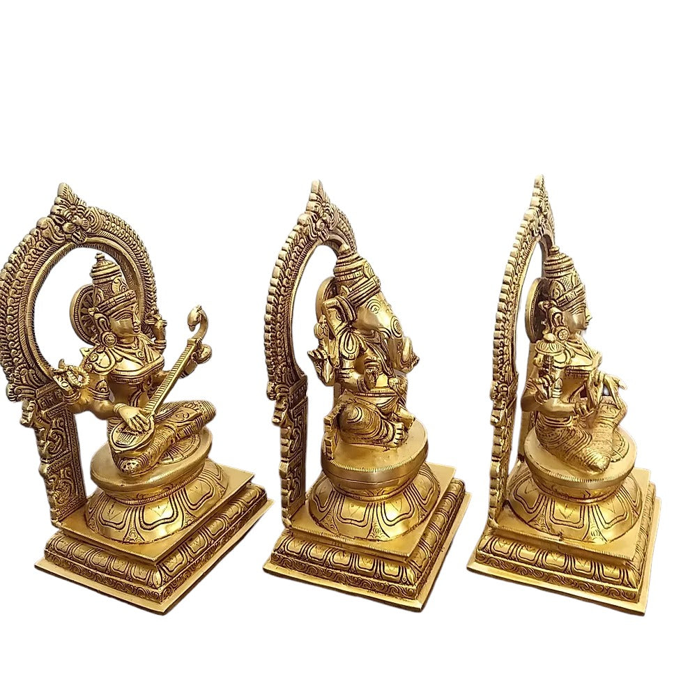 10" Brass Statues of Goddess Lakshmi, Ganesha and Saraswati,Weight:13.5 Kg