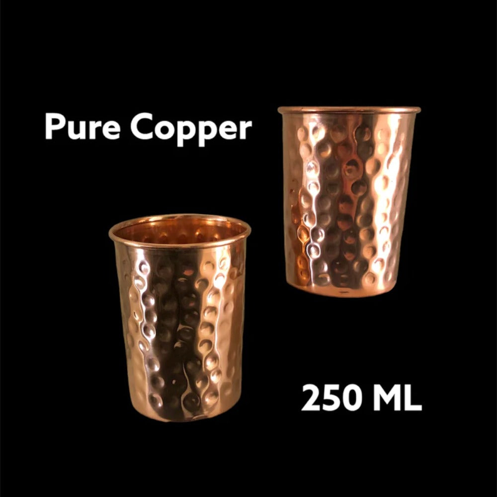 ROYALSTUFFS Pure Copper Designer Hammered and Smooth Bedroom Carafe Bottle with Handle and Set of 4 Copper Glasses | Drinkware | Diwali Anniversary/Party/Mother's Day Gift Pack of - 5