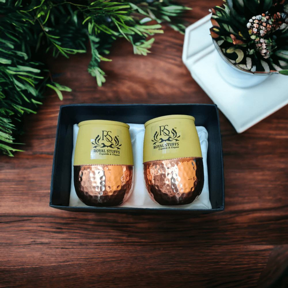 Set of 2 Silk Yellow Half Hammered Dholak Tumbler Pure Copper Water Glass Capacity 250ML