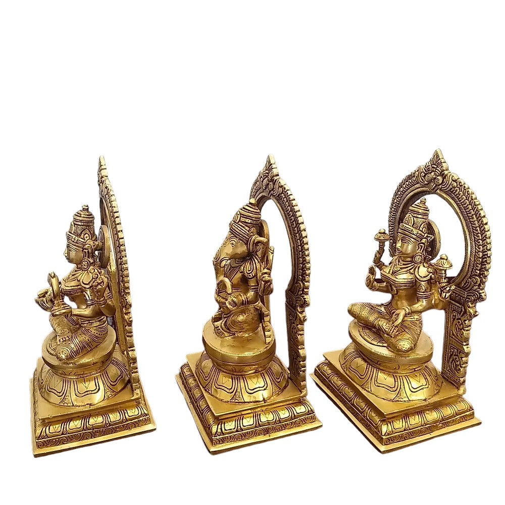 10" Brass Statues of Goddess Lakshmi, Ganesha and Saraswati,Weight:13.5 Kg