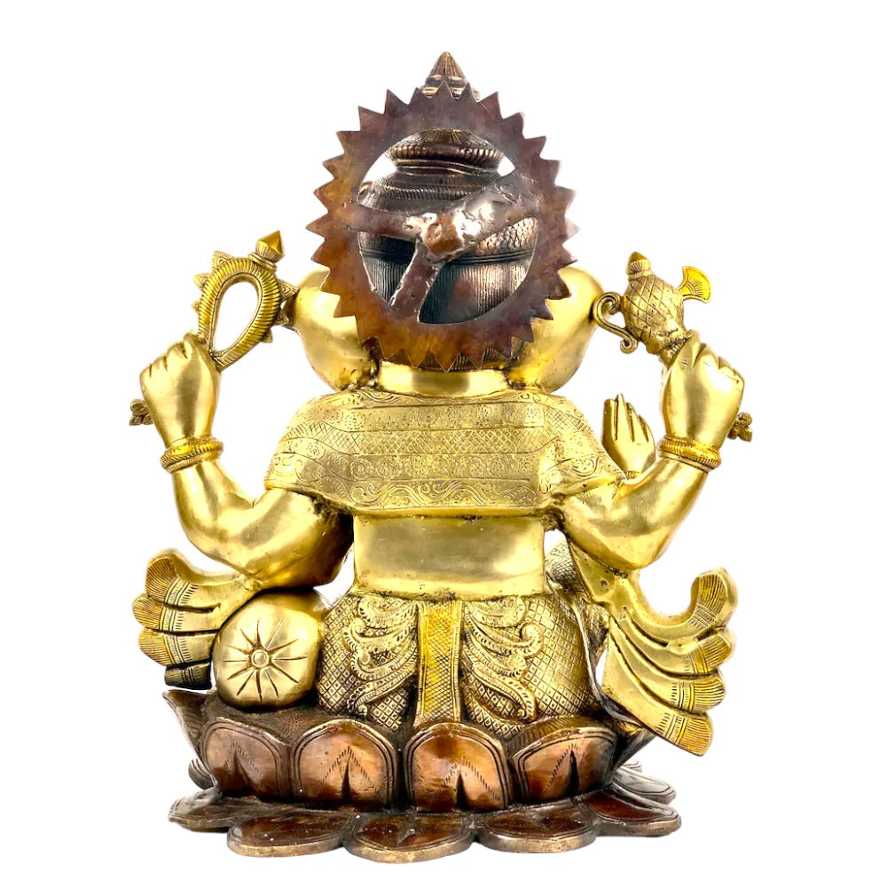 22" Large Size Lord Ganesha Seated in Easy Posture on Lotus in Brass | Handmade | Made in India, Color Exotic Triple Chola