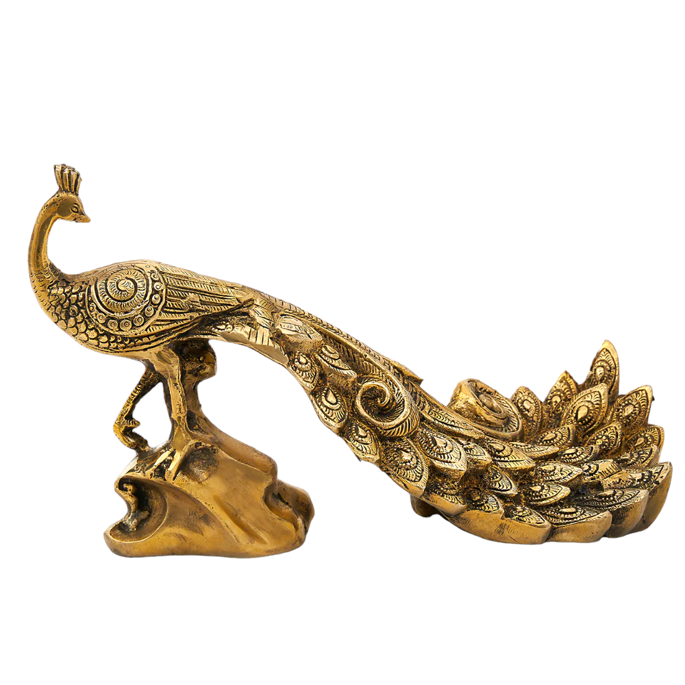 Brass Peacock Figurine Showpiece | Golden Peacock Mayur 17 cm  (Brass, Gold)